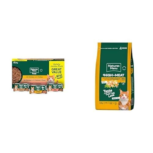 Natures Menu Paté for Cats Adult Cat Food Multipack - 48 x 85g + Natures Menu High in Meat - No Grain Dry Food for Adult Cats with Free Range Chicken - 1,25kg