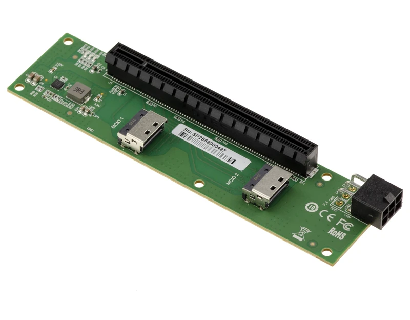 KALEA-INFORMATIQUE 2 Port MCIO 4i card to PCIe Gen 5.0 x8 or x4 for offshoring a PCI Express port, MCIO connectors perpendicular to the PCIe Slot