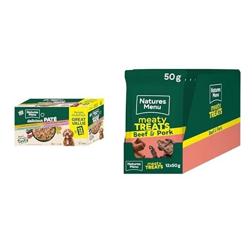 Natures Menu - Wet Dog Food - Multipack Pouches for Adult Dogs - Mixed Variety Jumbo Pack - 12 x 300g + Natures Menu Meaty Treats for Adult Dogs with Beef - 12 x 50g