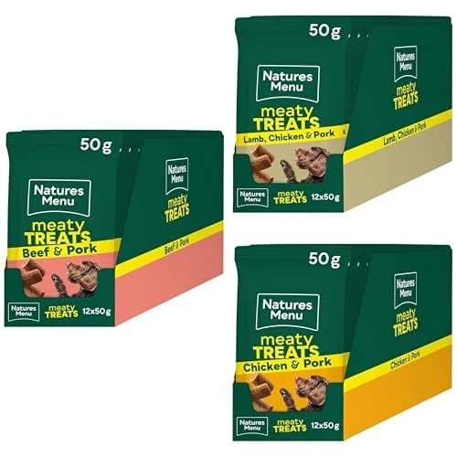 Bundle of Natures Menu Meaty Treats 12 x 50g for Adult Dogs with Beef + Lamb and Chicken + only Chicken