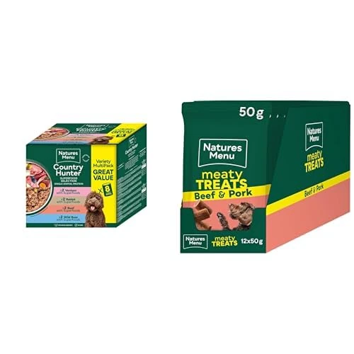 Country Hunter Seriously Meaty Wild with Superfoods Jumbo Multipack 8 x 600g + Natures Menu Meaty Treats for Adult Dogs with Beef - 12 x 50g