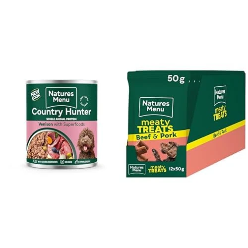 Natures Menu Country Hunter Dog Food Can Wild Venison Can (6 x 600g) + Natures Menu Meaty Treats for Adult Dogs with Beef - 12 x 50g
