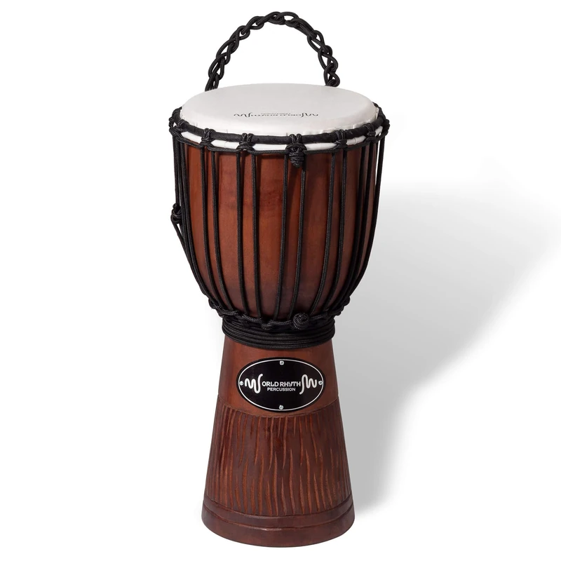 World Rhythm Djembe Drum 40cm (16”) with 8” Synthetic Head – Rope-Tuned Hand-Carved African-Style Drum for Performers, Drum Circles, Schools, Group Workshops