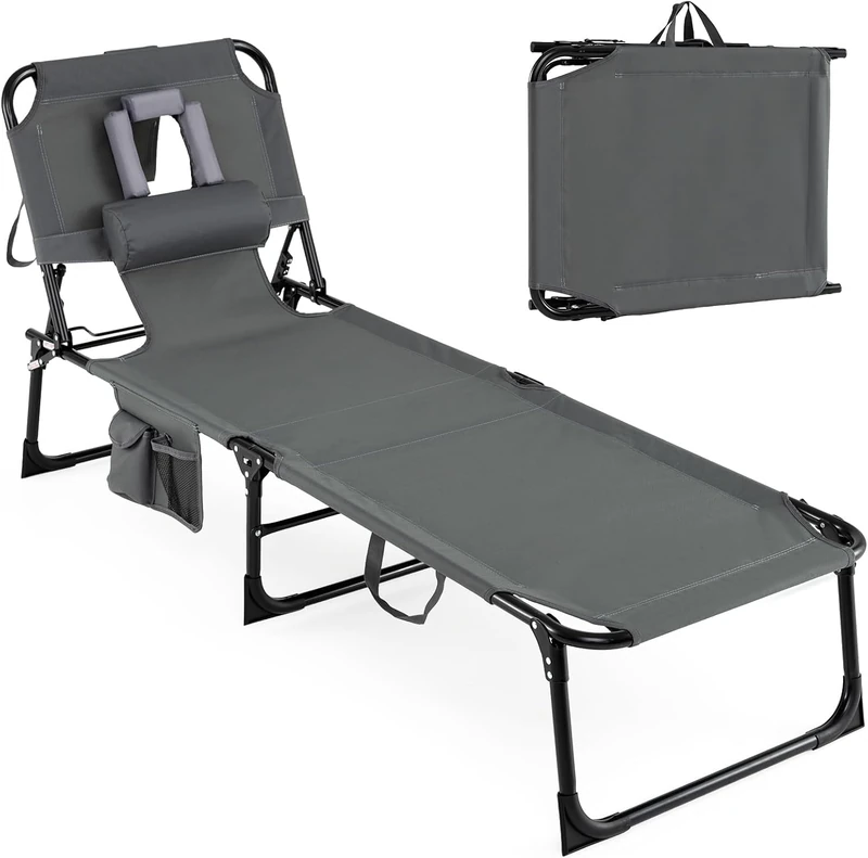 FANTASK Sun Chair, Side Pocket, Folding Sun Lounger with Adjustable Backrest & Footboard, Sun Lounger with Face/Arm Holes, Garden Lounger for Beach, Garden (Grey) - Image 1