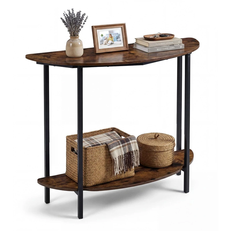FANTASK Narrow Console Table, 100 x 29.5 x 80 cm, Semicircular Hallway Table with 2 Open Shelves, Modern Side Table for Hallway, Entrance & Living Room (Rustic Brown)