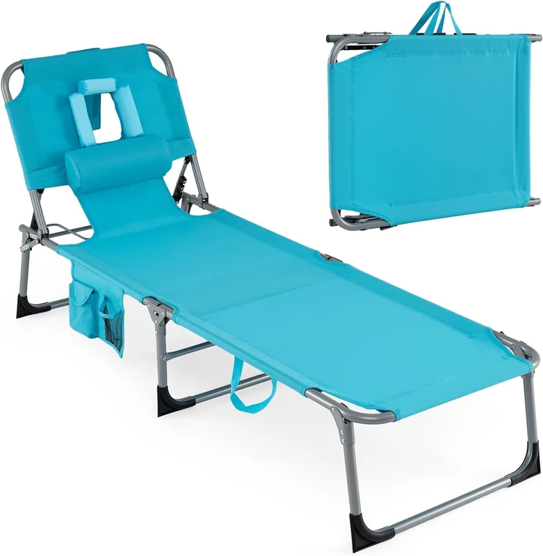 FANTASK Sun Chair, Side Pocket, Folding Sun Lounger with Adjustable Backrest & Footrest, Sun Lounger with Face/Arm Holes, Garden Lounger for Beach, Garden (Turquoise) - Image 1