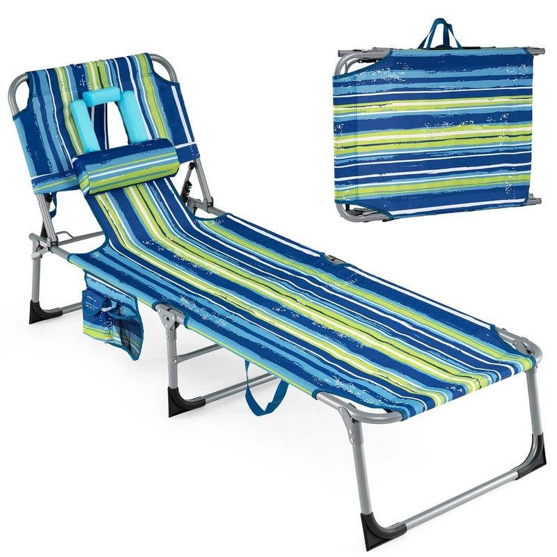 FANTASK Sun Chair, Side Pocket, Folding Sun Lounger with Adjustable Backrest & Footboard, Sun Lounger with Face/Arm Holes, Garden Lounger for Beach, Garden (Blue Stripes) - Image 1