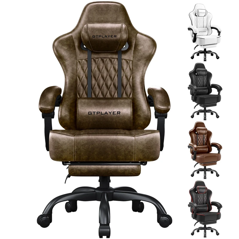 GTPLAYER Gaming Chair, Ergonomic Computer Chair with Footrest and Lumbar Support Height Adjustable Heavy Duty Home Office with 360°-Swivel Seat and Headrest