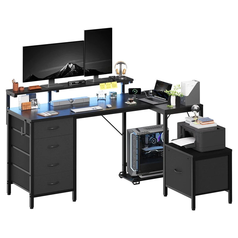 JUMMICO Corner Desk with Cabinet, Reversible L Shaped Computer Desk with Power Outlet and USB Ports, LED Lights and Hooks, Ideal Gaming Desk for Home Office, 160 x 120 cm, Black