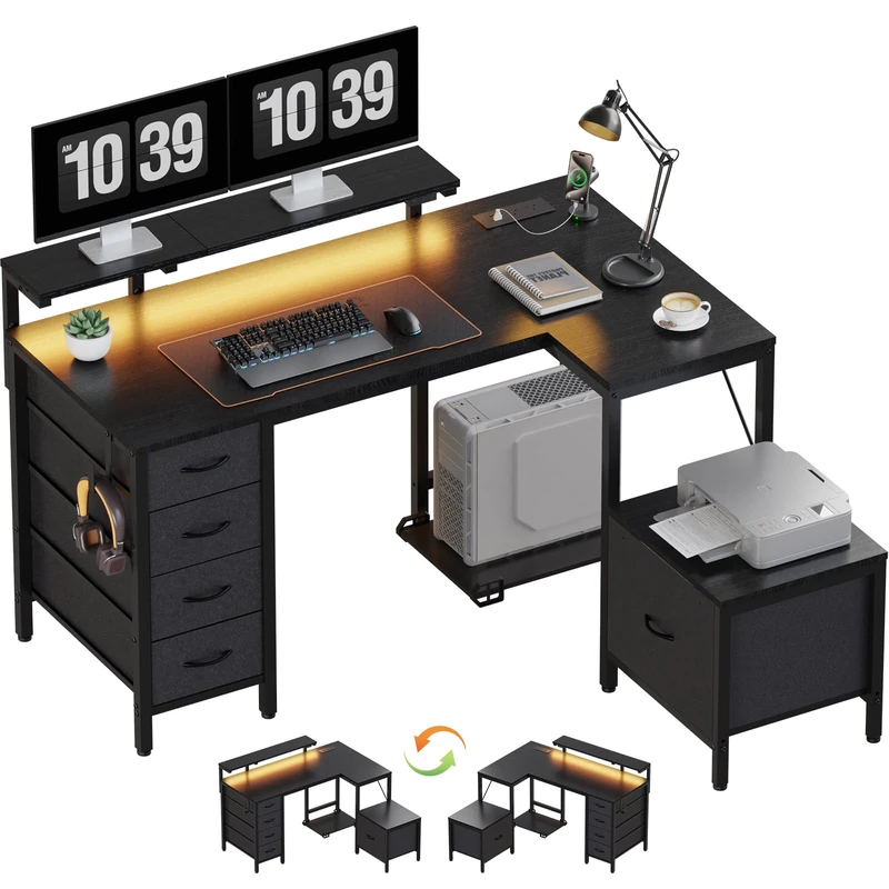 JUMMICO Corner Desk with Cabinet, Reversible L Shaped Computer Desk with Power Outlet and USB Ports, LED Lights and Hooks, Ideal Gaming Desk for Home Office, 139 x 120 cm, Black