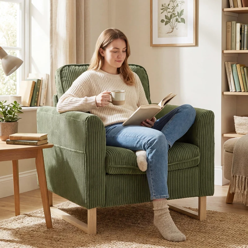 HOMCOM Armchair, 82 cm Corduroy Accent Chair, Dark Green