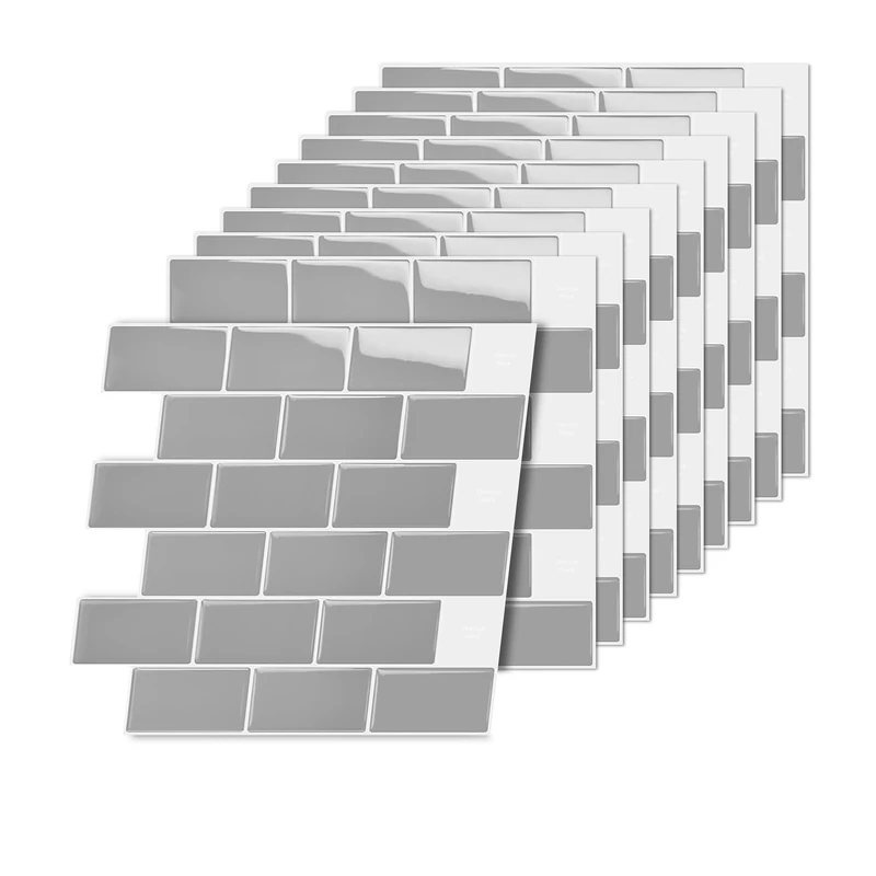 Relaxdays Adhesive Tile Stickers, 10 pcs, 30x30 cm, Self-Adhesive, 3D, Cut-to-Size, Grey for Bath & Kitchen