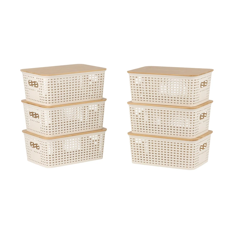 Relaxdays Storage Boxes Set of 6 Plastic with Bamboo Lids & Handles, 10.5x25.5x18 cm, White