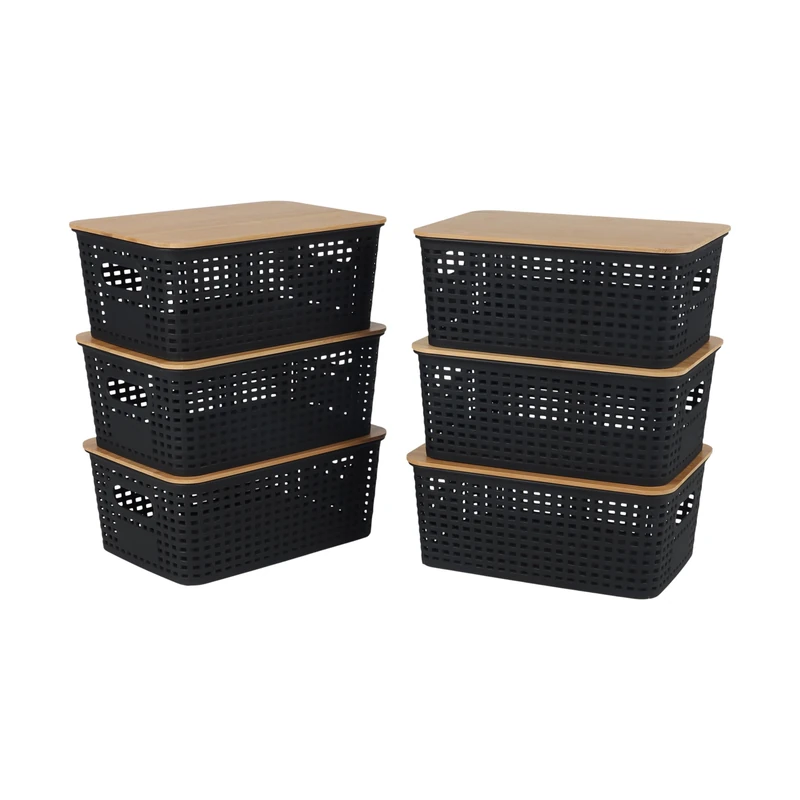 Relaxdays 6-Pack Storage Box Set with Lids, Plastic & Bamboo, Handles, 10.5x25.5x18cm, Black