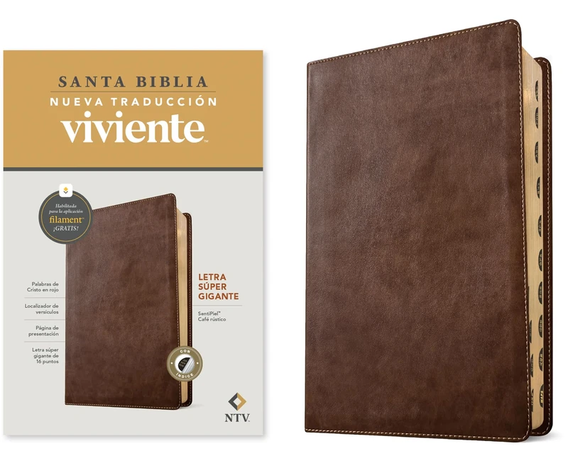 Biblia letra súper gigante NTV, con Filament (SentiPiel, Café rústico, Índice, Letra Roja)