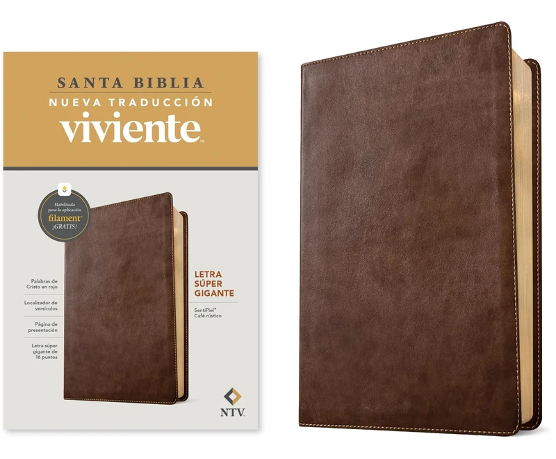 Biblia letra súper gigante NTV, con Filament (SentiPiel, Café rústico, Letra Roja)