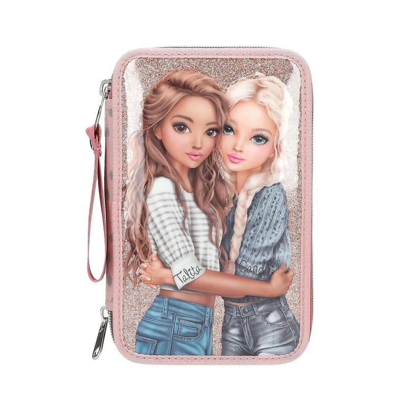 Depesche 14007 TOPModel Dots - Filled 3-Compartment Pencil Case in Pink with TOPModel Motif, Dots Pattern and Glitter, Pencil Case with Colouring Pencils, Scissors, Ruler and Much More