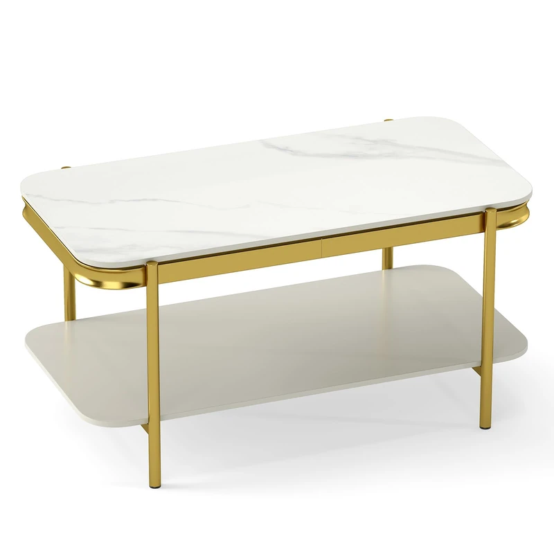 FANTASK 2-Tier Coffee Table, Marble Look, 90 x 50 x 45.5 cm, Modern Sofa Table with Metal Frame, Living Room Table, Rectangular, Coffee Table for Living Room and Office (White) - Image 1