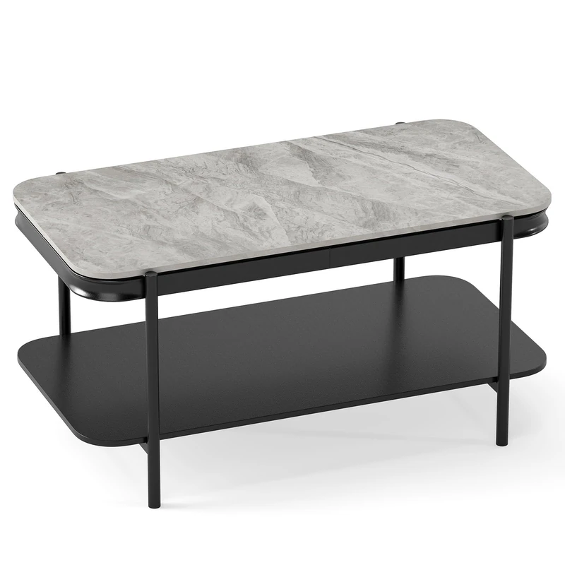 FANTASK 2-Tier Coffee Table, Marble Look, 90 x 50 x 45.5 cm, Modern Sofa Table with Metal Frame, Living Room Table, Rectangular, Coffee Table for Living Room and Office (Grey) - Image 1