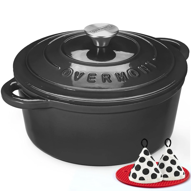 Overmont 28cm/6.6L Enamelled Cast Iron Round Casserole Dish With Lid,7QT, Cookbook -Non-stick Dutch Oven for Braising, Stews, Roasting, Bread Baking - Graphite gray - Image 1