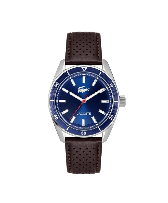 Lacoste Three-Hand Watch for Men with Blue Dial and Brown Leather Strap