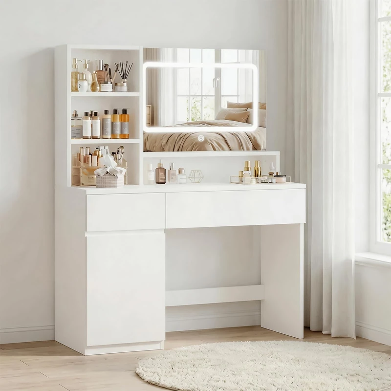 JUMMICO Dressing Table with Mirror,3 Color LED Adjustable Brightness,Vanity Desk with 2 Drawer and Cabinet,Makeup Desk with Open Shelves,Modern White - Image 1