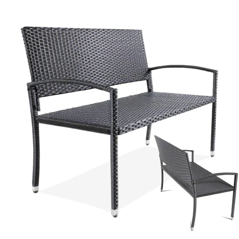 Clevich Rattan Garden Bench, 2 Seater Wicker Patio Bench with Curved Backrest Armrests, Adjustable Feet, Weatherproof PE, 320kg Capacity for Indoor/Outdoor/Balcony/Terrace, Double-Sided Rattan, Black