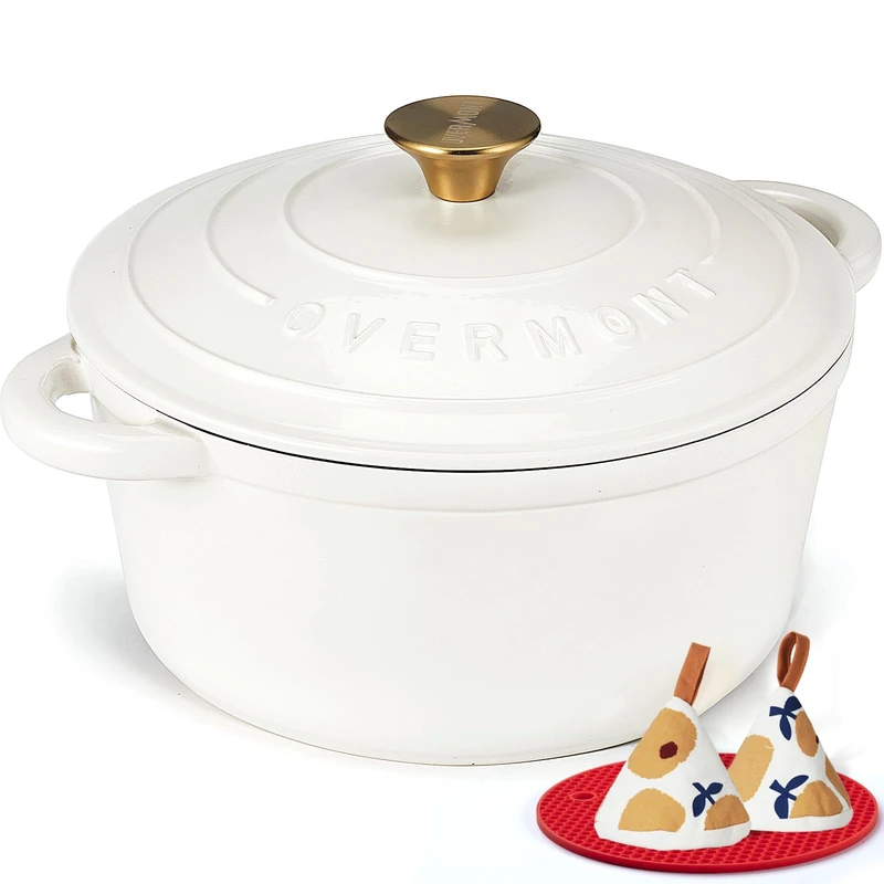 Overmont 28cm/6.6L Enamelled Cast Iron Round Casserole Dish With Lid,7QT, Cookbook -Non-stick Dutch Oven for Braising, Stews, Roasting, Bread Baking - Pearl White - Image 1