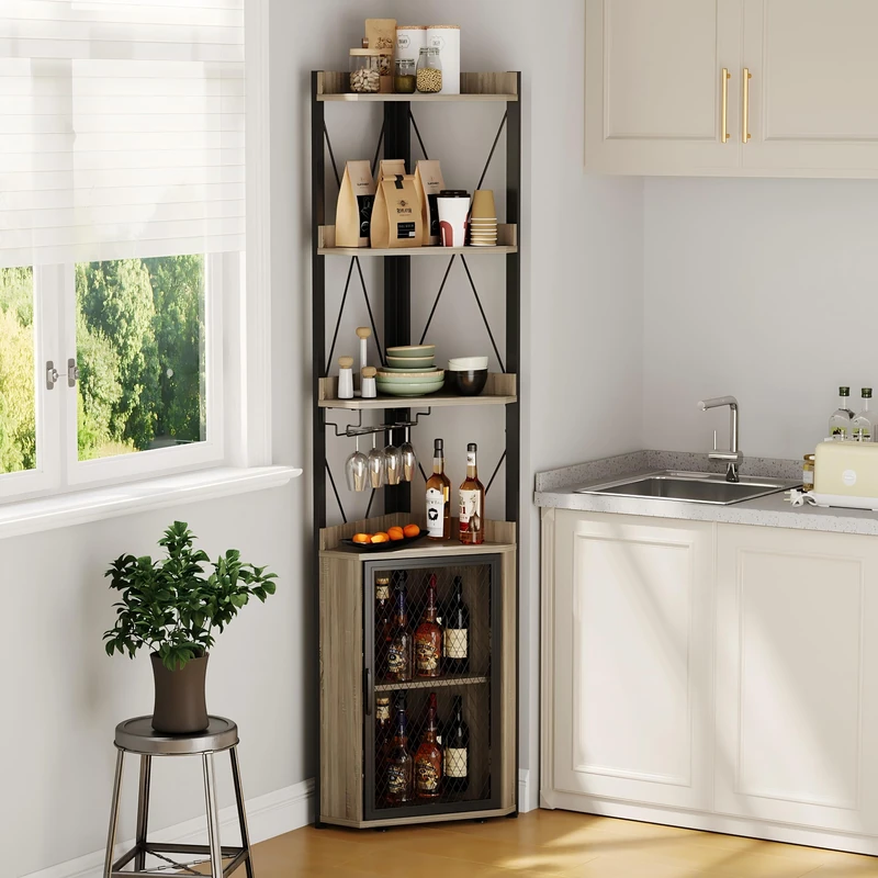 GarveeHome Corner Bar Cabinet with Glass Holder, 5-Tier Liqueur Cabinet, Industrial Wine Rack, Wine Storage Sideboard, Freestanding Corner Shelf, Display Storage Shelves for Home Bar Dining Room