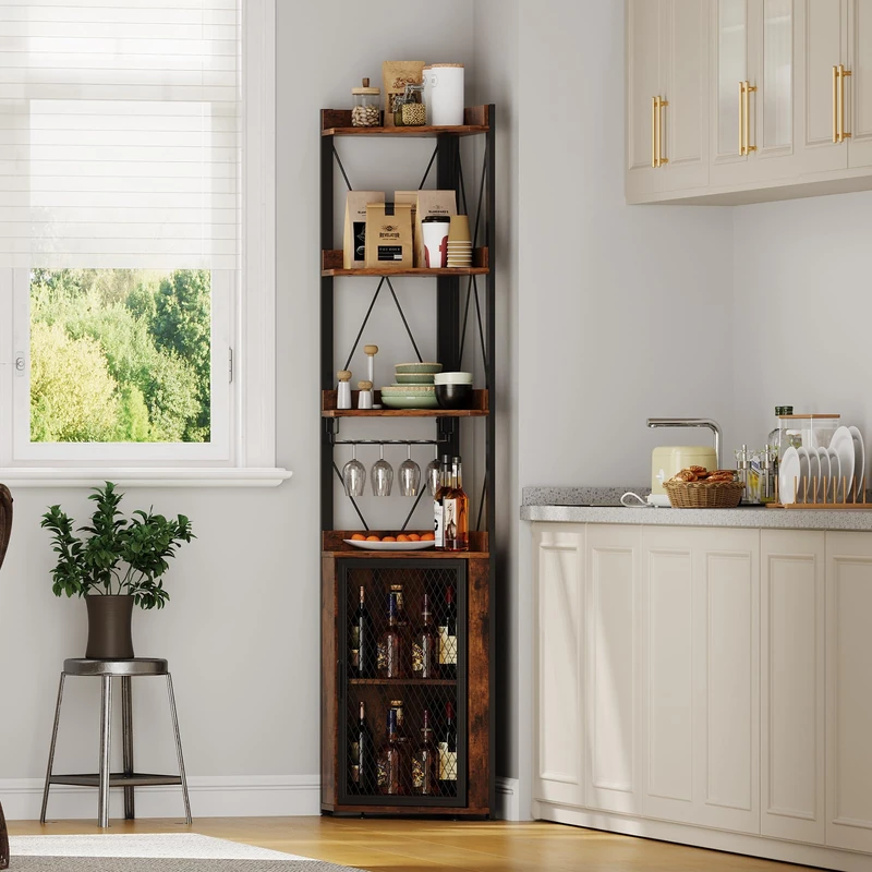 GarveeHome Corner Bar Cabinet with Glass Holder, 4-Tier Liqueur Cabinet, Industrial Wine Rack, Wine Storage Sideboard, Freestanding Corner Shelf, Display Storage Shelves for Home Bar Dining Room