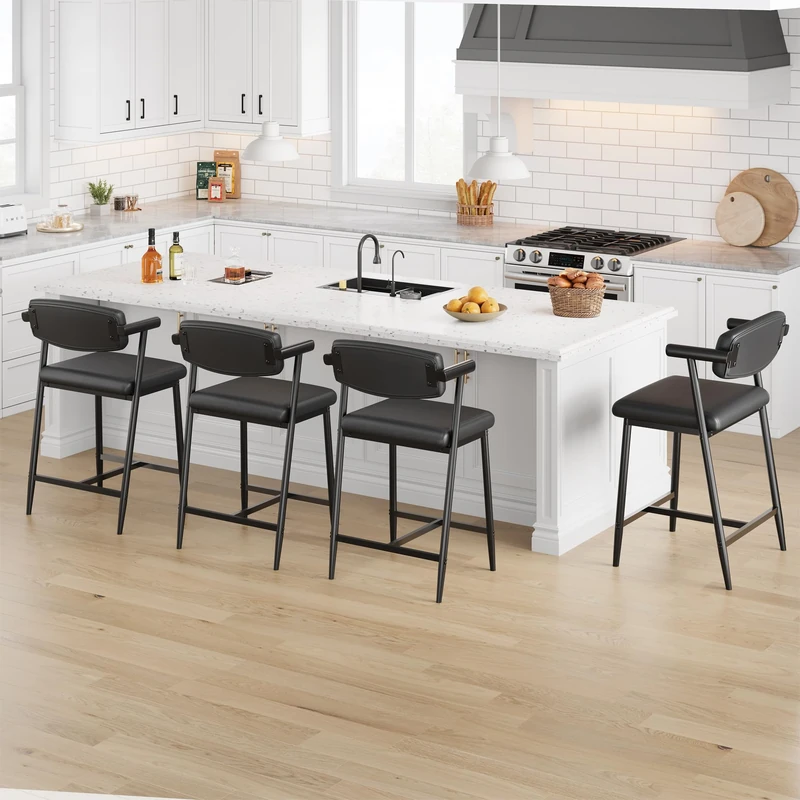 Garvee Set of 4 Bar Stools with Backrest and Armrests, Counter Height, Wide Padded Seat, Metal Base and Footrest, for Kitchen Island and Bar, Rustic Black - Image 1