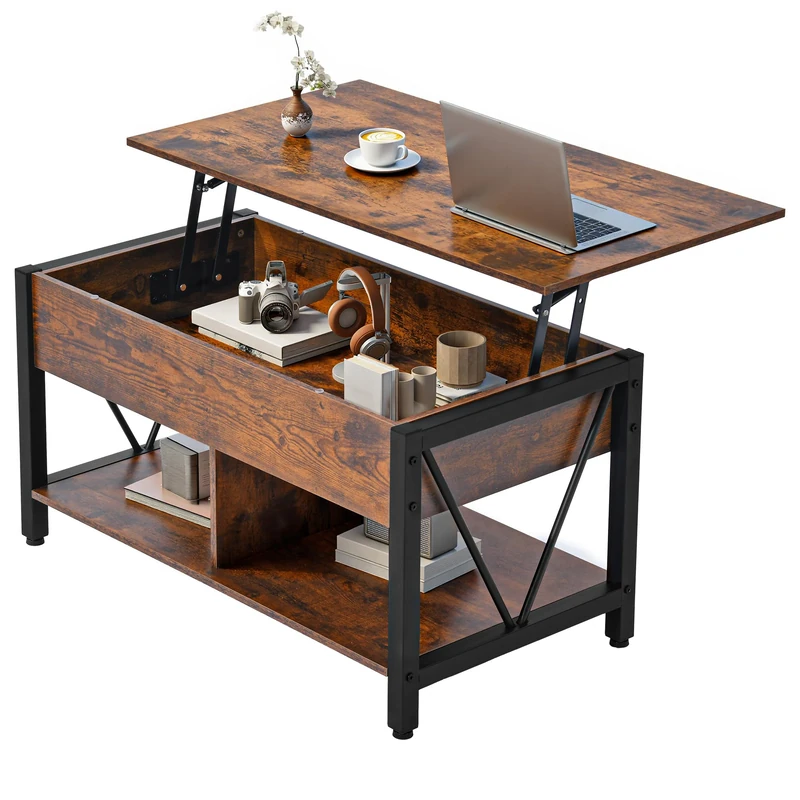 YITAHOME Lift Top Coffee Table, Easy-Lift, 2-Tier Storage, Adjustable Height with Hidden Storage Compartment and Shelf for Living Room, Office, Rustic Brown
