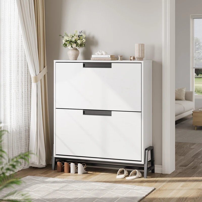Garvee 2 Drawer Tilt Shoe Cabinet with Adjustable Shelf - Narrow Storage Cabinet for Entryway, Hallway - Metal Legs, Large Capacity - Image 1