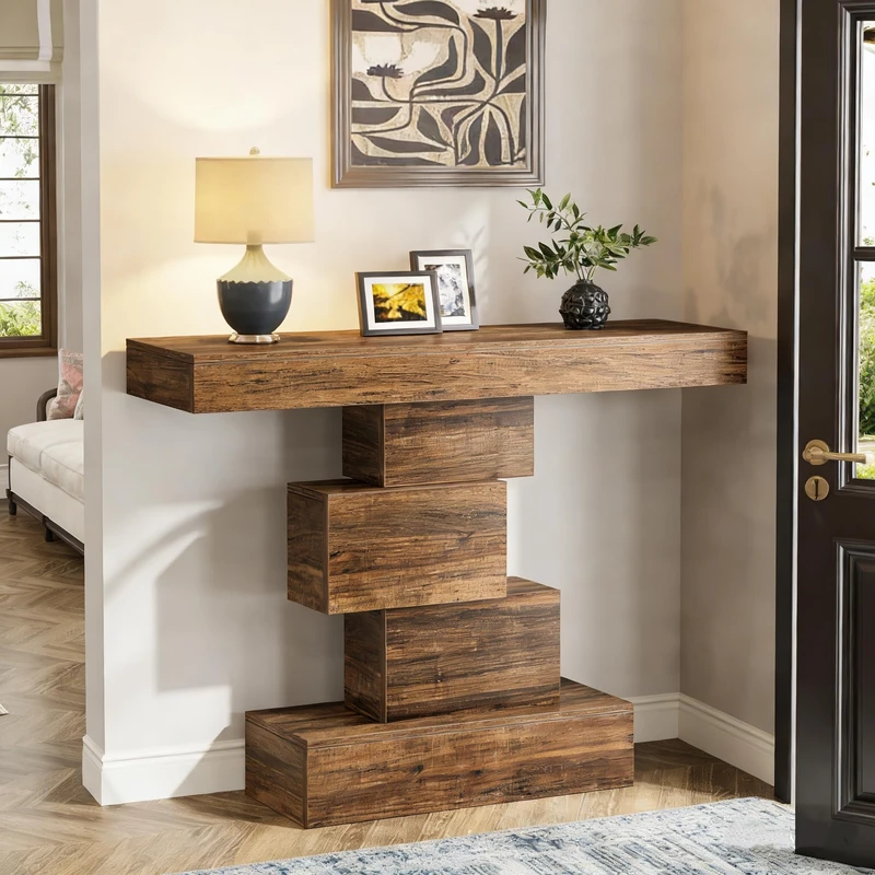 LITTLE TREE Rustic Wood Console Table, Reclaimed Timber, Geometric Stacked Design, 108cm x 80cm, Natural Brown Finish