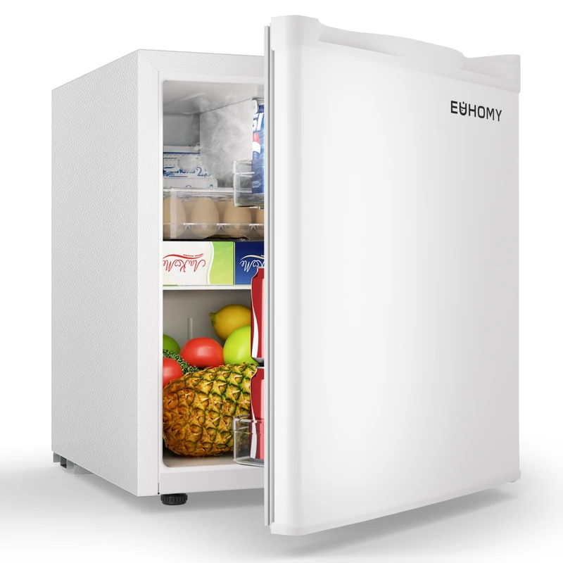 EUHOMY 46L Small Fridge, Table Top Fridge with 7-Level Adjustable Thermostat, Reversible Door & Chiller Box, Low Noise (38 dB) - Mini Fridge for Bedrooms & Office, White Refrigerators [Energy Class E]