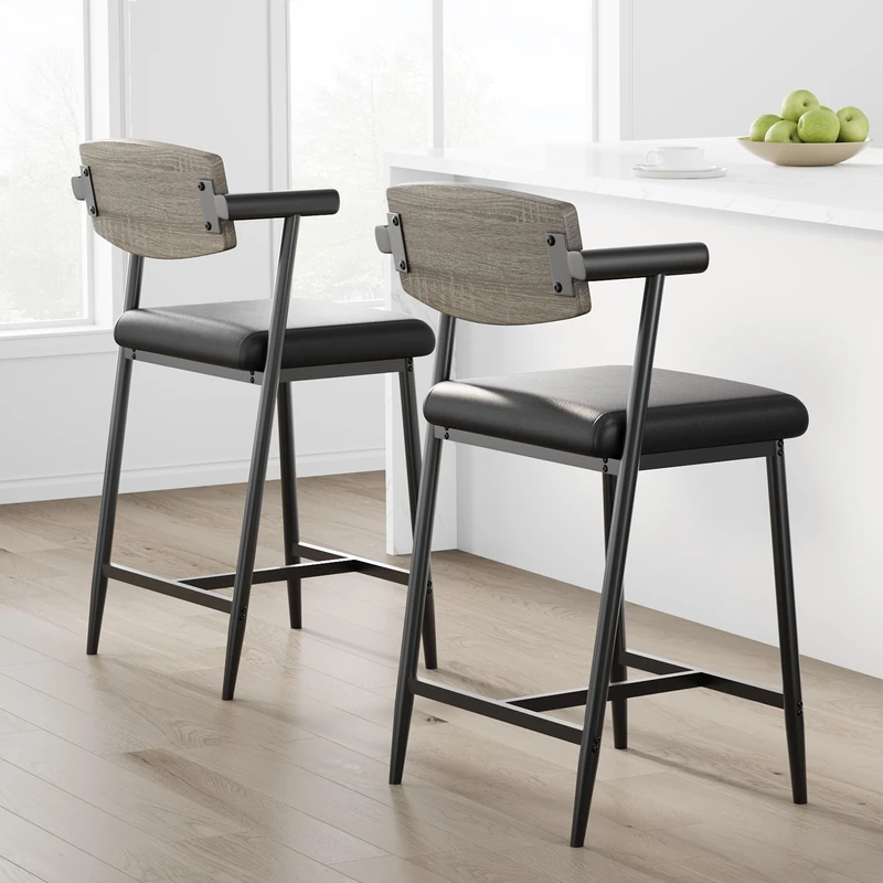 Garvee Bar Stools with Backrest and Arms Counter Height Wide Padded Seat Metal Base Foot Rest for Kitchen Island Bar Rustic Black Set of 1 - Image 1