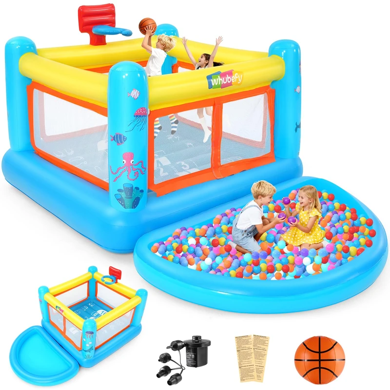 AKEYDIY Bouncy Castle, PVC Jumping Castle for Children Aged 3-6 Years, Indoor Bouncy Castle with Removable Ball Pit, Basketball Hoop and Bouncy Game, Includes Air Pump