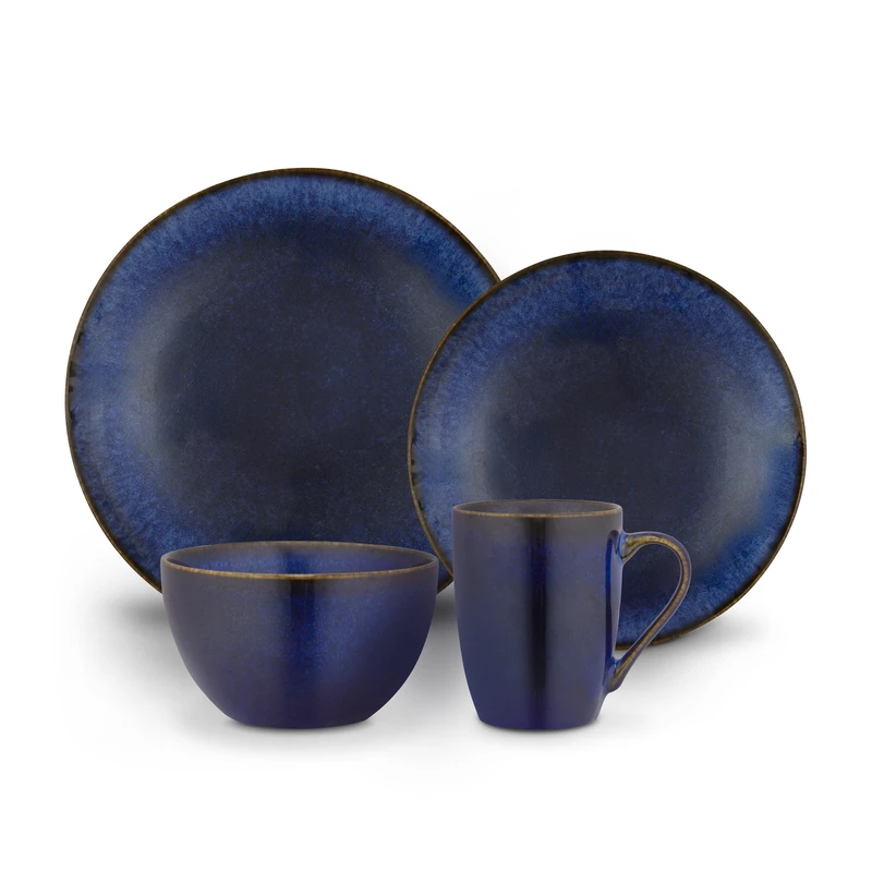 Barbary & Oak, 16 Piece Dinner Set, Reactive Glaze Finish, Crafted from Strong & Durable Stoneware, Chip & Scratch Resistant, Dishwasher & Microwave Safe, Cobalt Blue, BO867040BLU