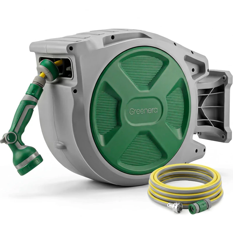 Retractable Garden Hose Reel, 25+2m Auto Reel Wall-Mounted Hosepipe, 10 in 1 Spray Nozzle,Auto Rewind, Any Length Lock, 180° Pivoting, Hose and Wall Fixings Accessories