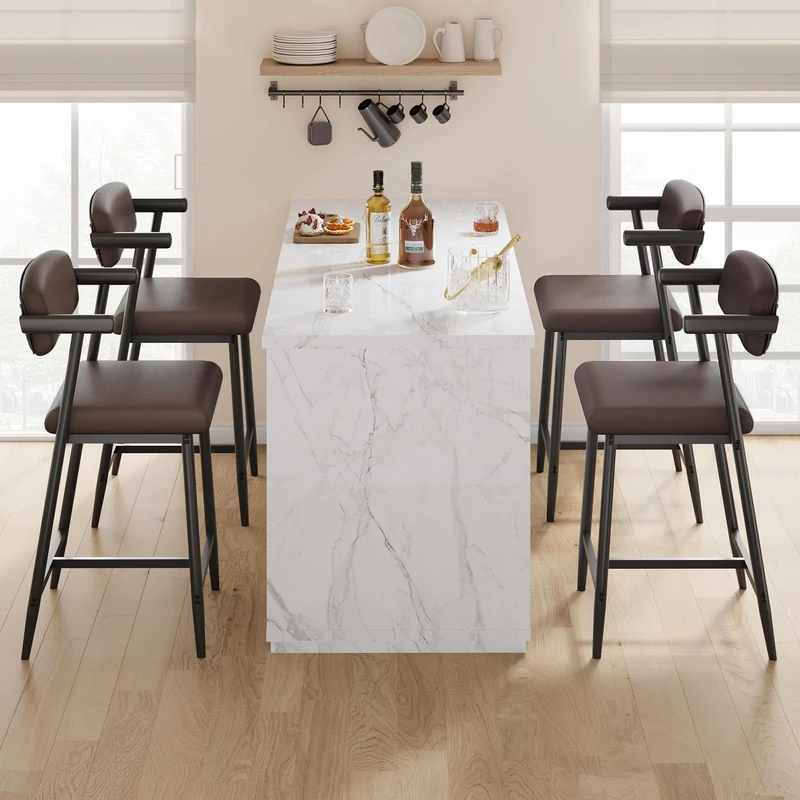 Garvee Set of 4 Bar Stools with Backrest and Armrests, Counter Height, Wide Padded Seat, Metal Base and Footrest, for Kitchen Island and Bar, Rustic Black - Image 1