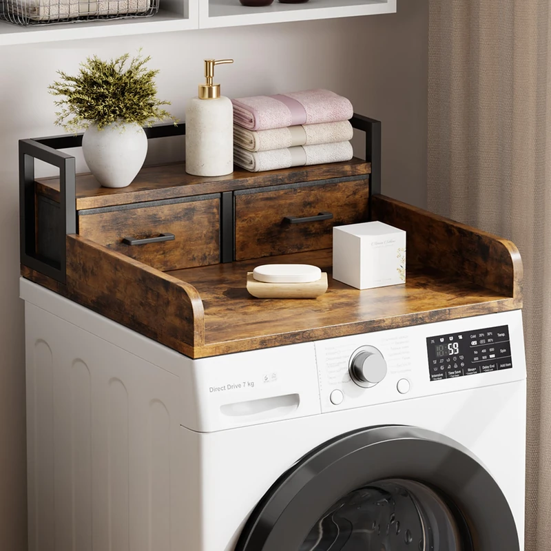 Garvee 2-Tiers Worktop for Washing Machine And Dryer With Shelf And 2 Drawers, Washing Machine Top With High Railings And Smooth Edges, Retro - Image 1