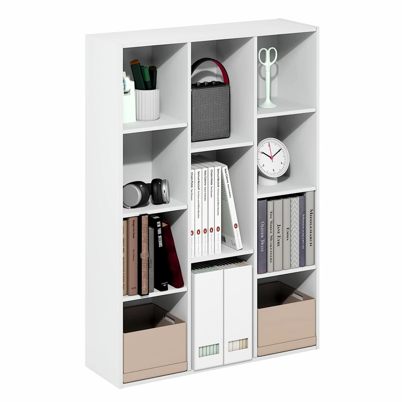 Furinno LUDER Book Shelf, 11-Cube Bookcase, Standing Bookshelf, Open Storage Shelf, Closed Back, Easy Assembly, 23.9cm x 73.9cm x 105.9cm, for Home Office, Living Room, Plain White