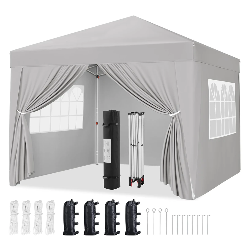 Yaheetech Pop-Up Gazebo 3x3 with 4 Removable Side Panels, Silver-costed Oxford Marquee Canopy with Wheeled Bag & Sandbags, Metal Frame Shelter Tent for Outdoor Garden Party Camping, Light Grey