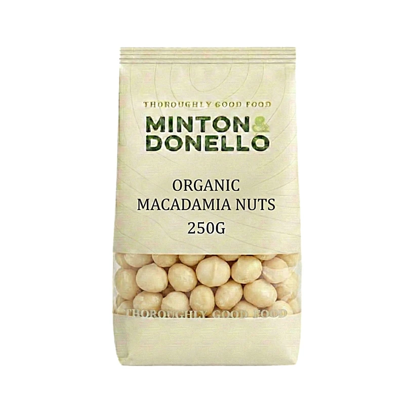 Minton & Donello Organic Whole Macadamia Nuts Pack of 6 x 250g - Rich Buttery Taste, A Healthy Snack, Good Source of Healthy Fats, Versatile Ingredient, Use For Baking, Cooking or Snacking