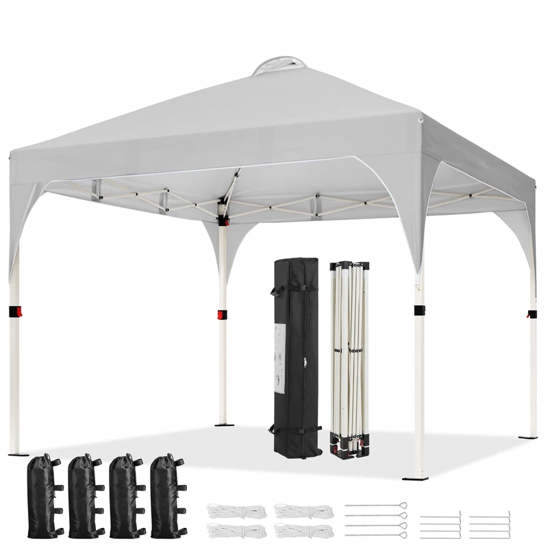 Yaheetech Pop Up Gazebo, 3x3m Instant Foldinng Shelter with Wheeled Bag, 4 Sandbags, 4 Ropes, 12 Stakes, Metal Frame, Adjustable Height, Top Air Vent, Light Grey