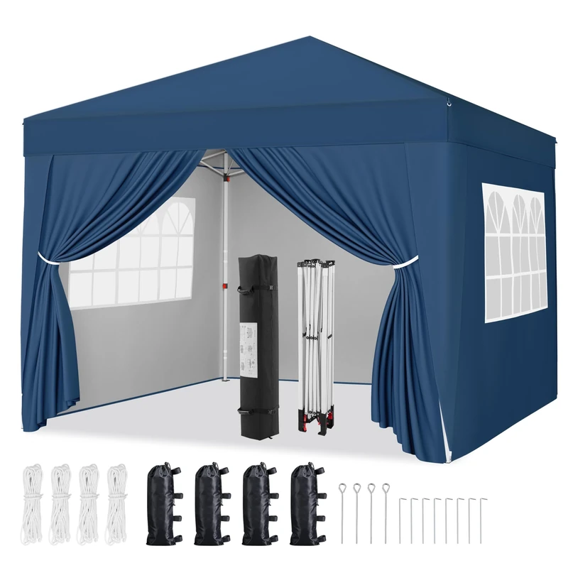 Yaheetech Pop-Up Gazebo 3x3 with 4 Removable Side Panels, Silver-costed Oxford Marquee Canopy with Wheeled Bag & Sandbags, Metal Frame Shelter Tent for Outdoor Garden Party Camping, Navy Blue