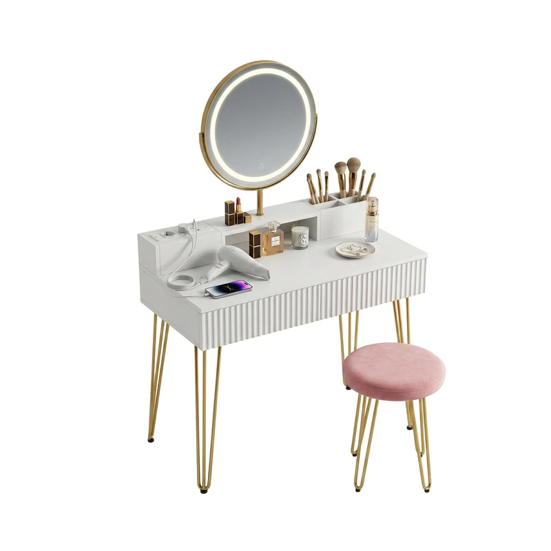 Relaxdays Vanity Table with Stool, Mirror, Lighting, Sockets, 2 Drawers, 135x80x40 cm, White/Gold - Image 1