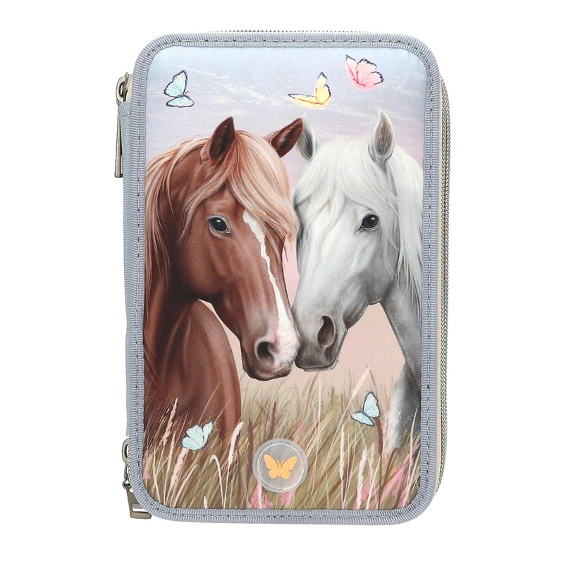 Depesche 13976 Miss Melody - Filled 3-Compartment Pencil Case in Light Blue and Beige with Horse Motif, LED Light and Butterflies, Pencil Case with Colouring Pencils, Scissors, Ruler and Much More