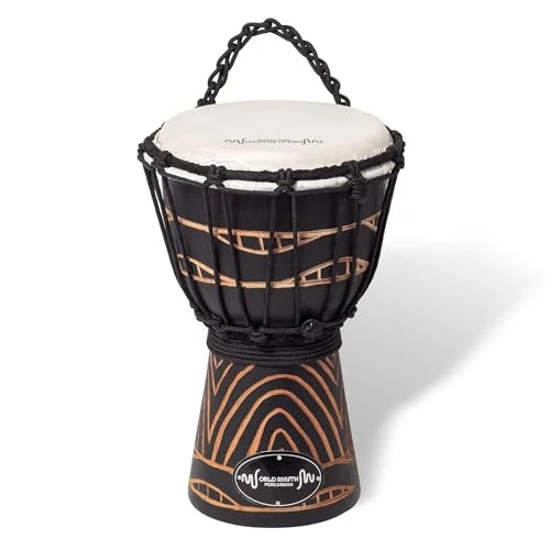 World Rhythm 30cm (12”) Djembe Drum with 7" Goatskin Head – Rope Tuned Hand Carved African Style Drum, Swirl Black Finish for Performers, Drum Circles, Group Workshops