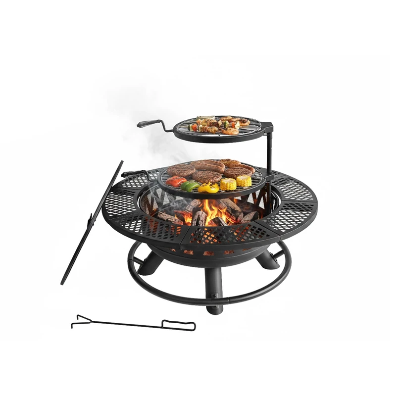 Relaxdays Fire Pit, Ø 92 cm, 2 adjustable grill grates, lid, poker & cover, black